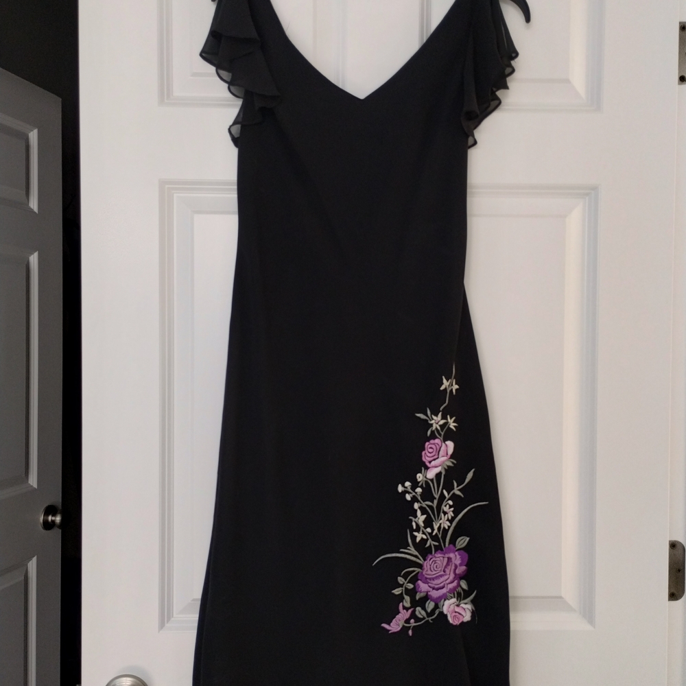 dressbarn Black Midi Dress with Purple Floral Embroidery